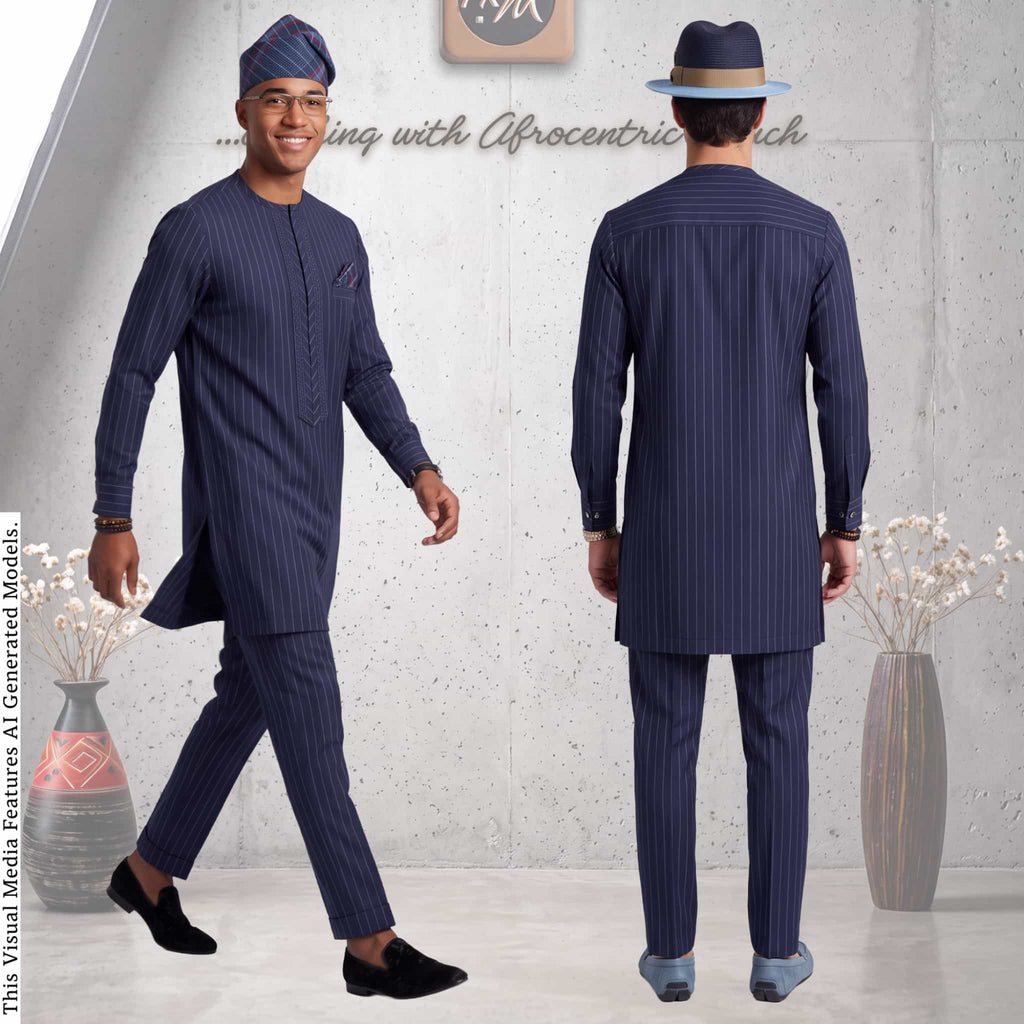 Men's Navy Pinstripe Kaftan Set, Nigerian Senator Wear, Aso Oke Fila (Custom Fit)