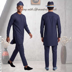 Men's Navy Pinstripe Kaftan Set, Nigerian Senator Wear, Aso Oke Fila (Custom Fit)