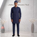 Men's Navy Pinstripe Kaftan Set, Nigerian Senator Wear, Aso Oke Fila (Custom Fit)