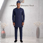 Men's Navy Pinstripe Kaftan Set, Nigerian Senator Wear, Aso Oke Fila (Custom Fit)
