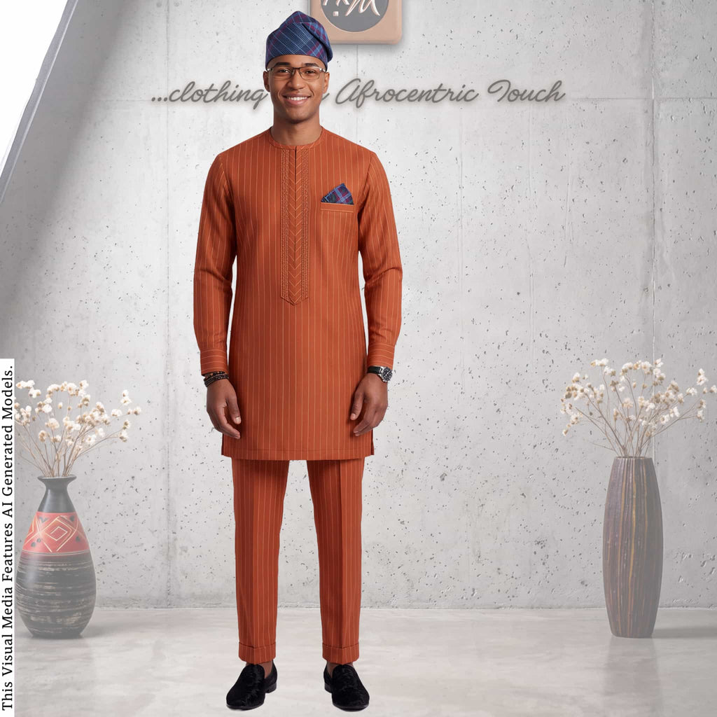 Men's Navy Pinstripe Kaftan Set, Nigerian Senator Wear, Aso Oke Fila (Custom Fit)
