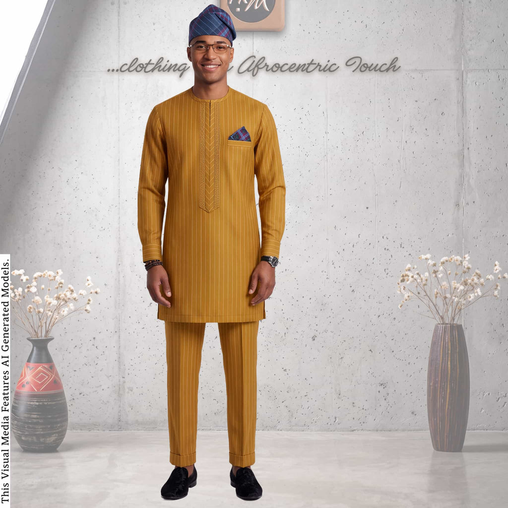 Men's Navy Pinstripe Kaftan Set, Nigerian Senator Wear, Aso Oke Fila (Custom Fit)
