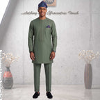 Men's Navy Pinstripe Kaftan Set, Nigerian Senator Wear, Aso Oke Fila (Custom Fit)