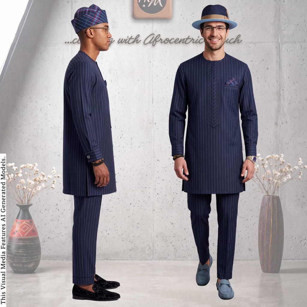 Men's Navy Pinstripe Kaftan Set, Nigerian Senator Wear, Aso Oke Fila (Custom Fit)