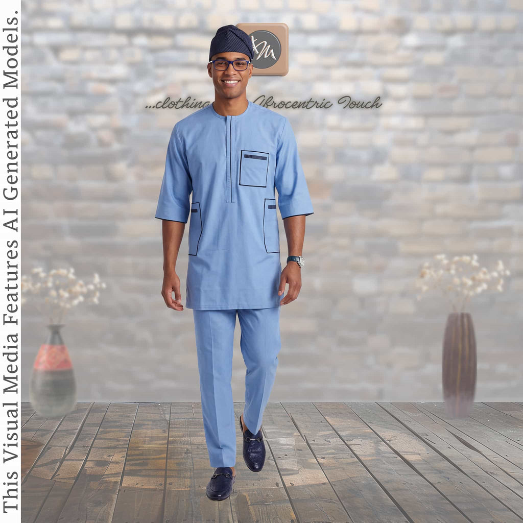 Nigerian Men Blue Corporate Handmade Kaftan Set