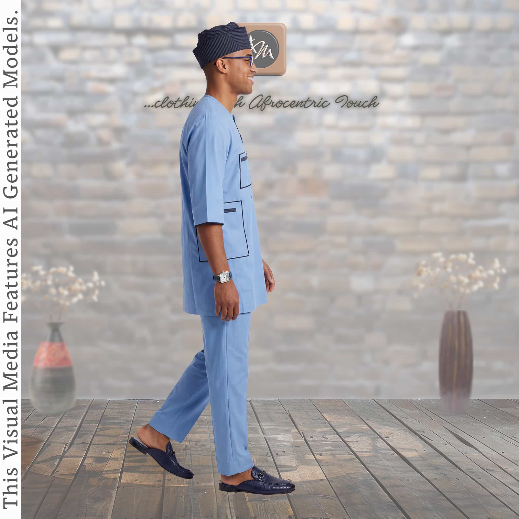 Nigerian Men Blue Corporate Handmade Kaftan Set