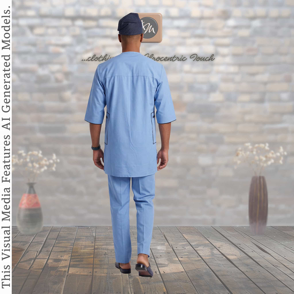 Nigerian Men Blue Corporate Handmade Kaftan Set
