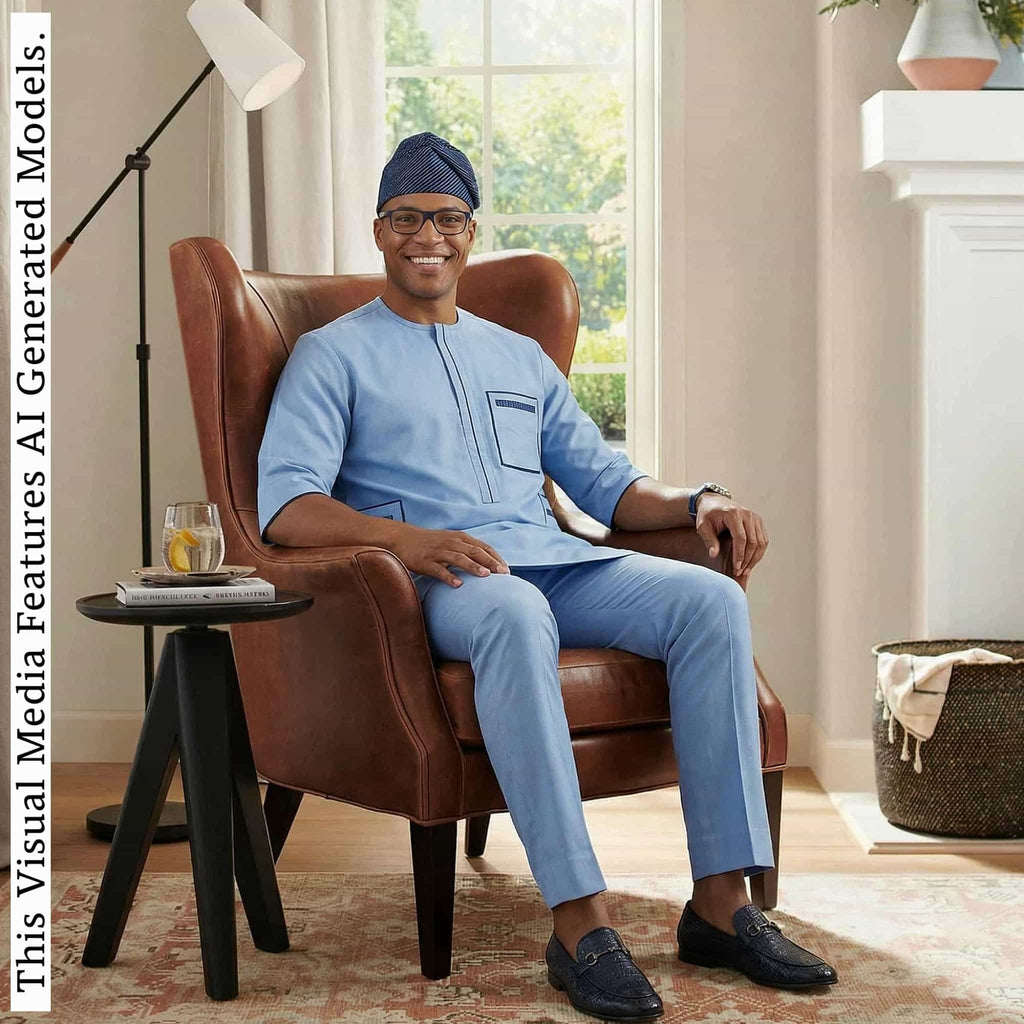 Nigerian Men Blue Corporate Handmade Kaftan Set