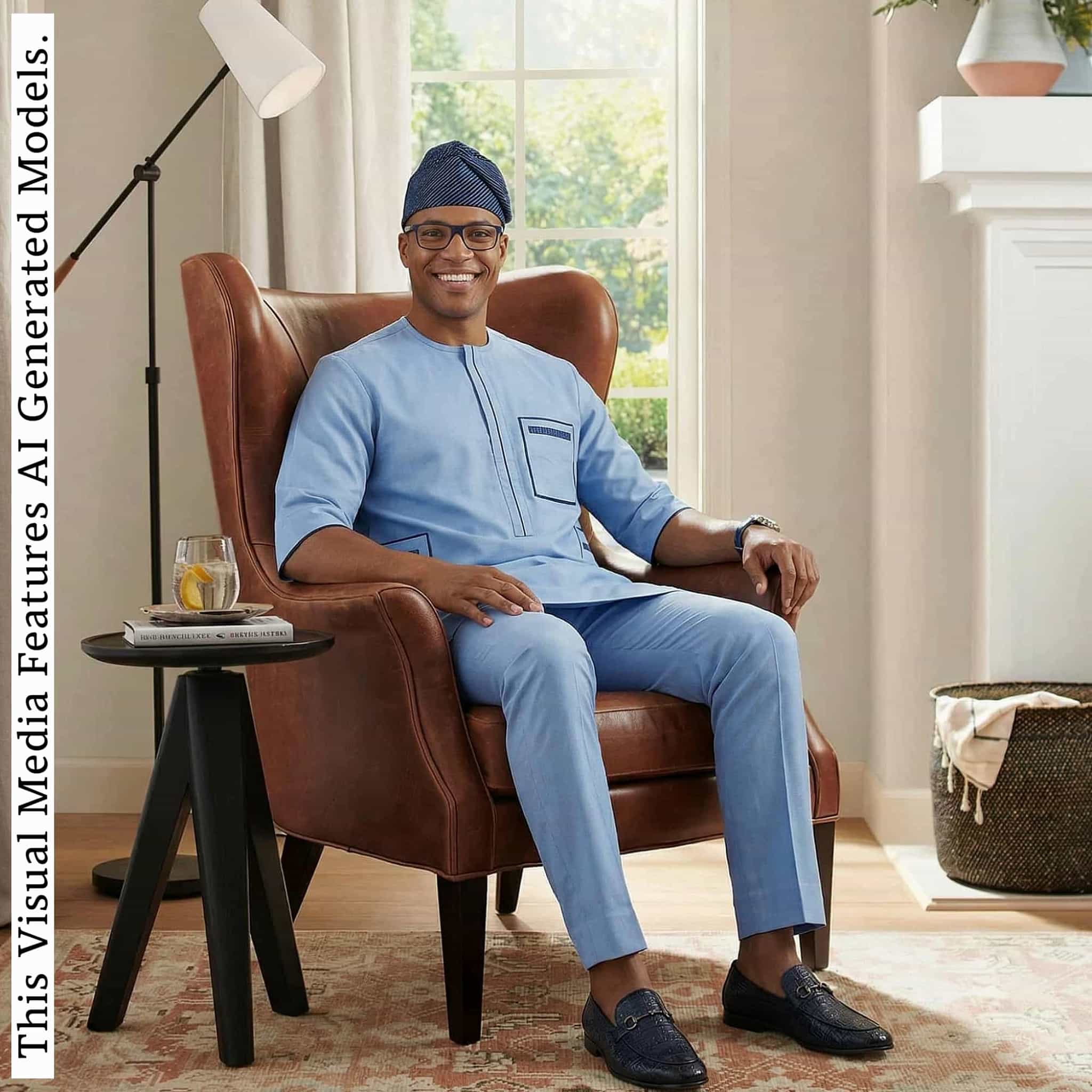 Nigerian Men Blue Corporate Handmade Kaftan Set