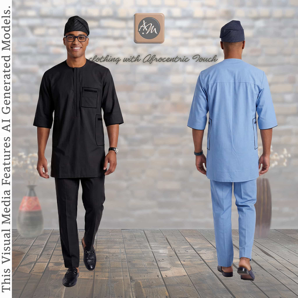 Nigerian Men Blue Corporate Handmade Kaftan Set