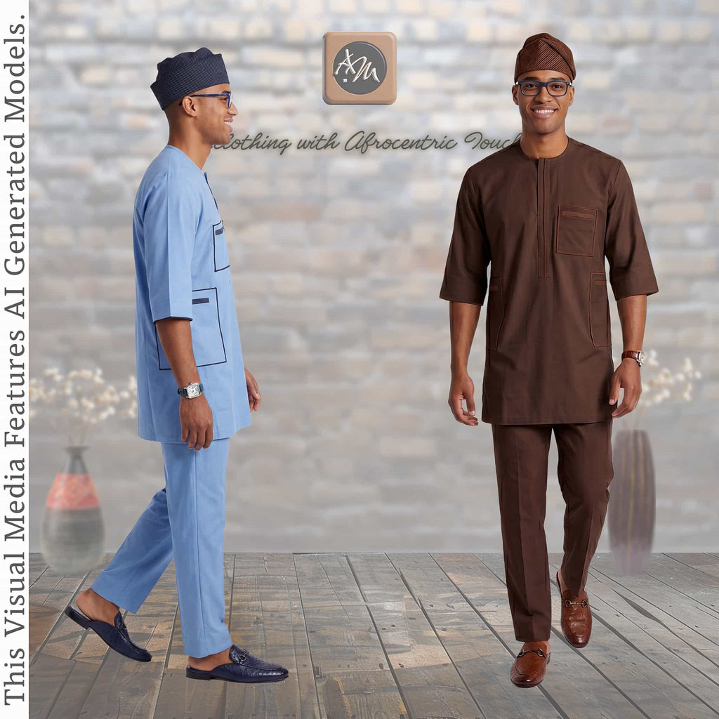 Nigerian Men Blue Corporate Handmade Kaftan Set