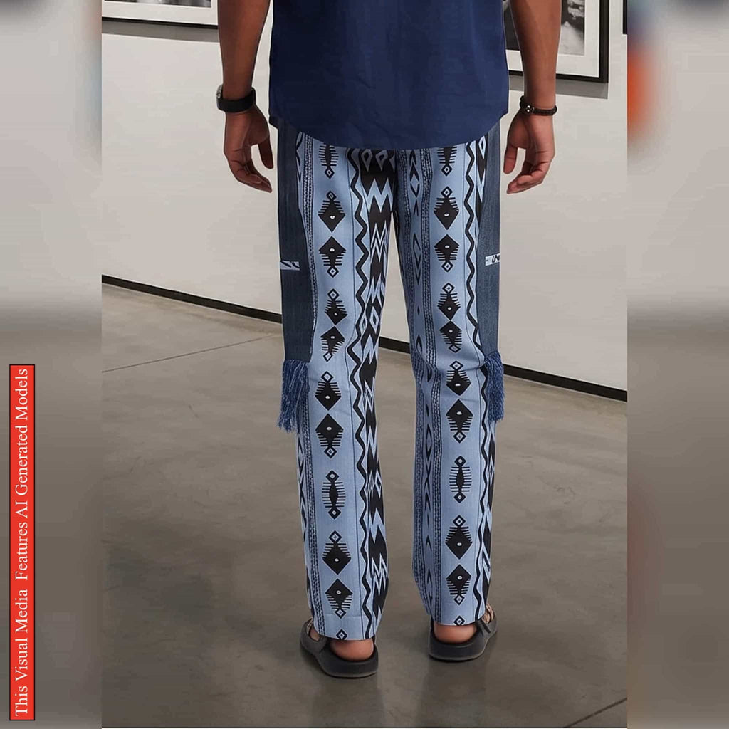 Ankara Patchwork Men’s Pants, Tribal Trousers, Fringed Wide Leg Bottoms, Bold Festival Bottom