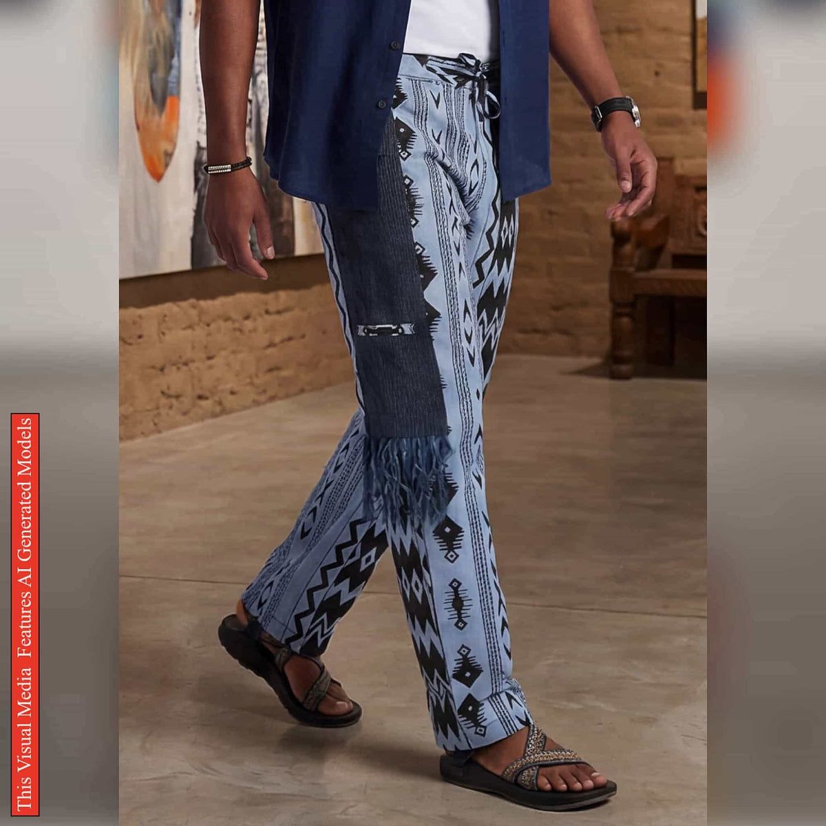 Ankara Patchwork Men’s Pants, Tribal Trousers, Fringed Wide Leg Bottoms, Bold Festival Bottom