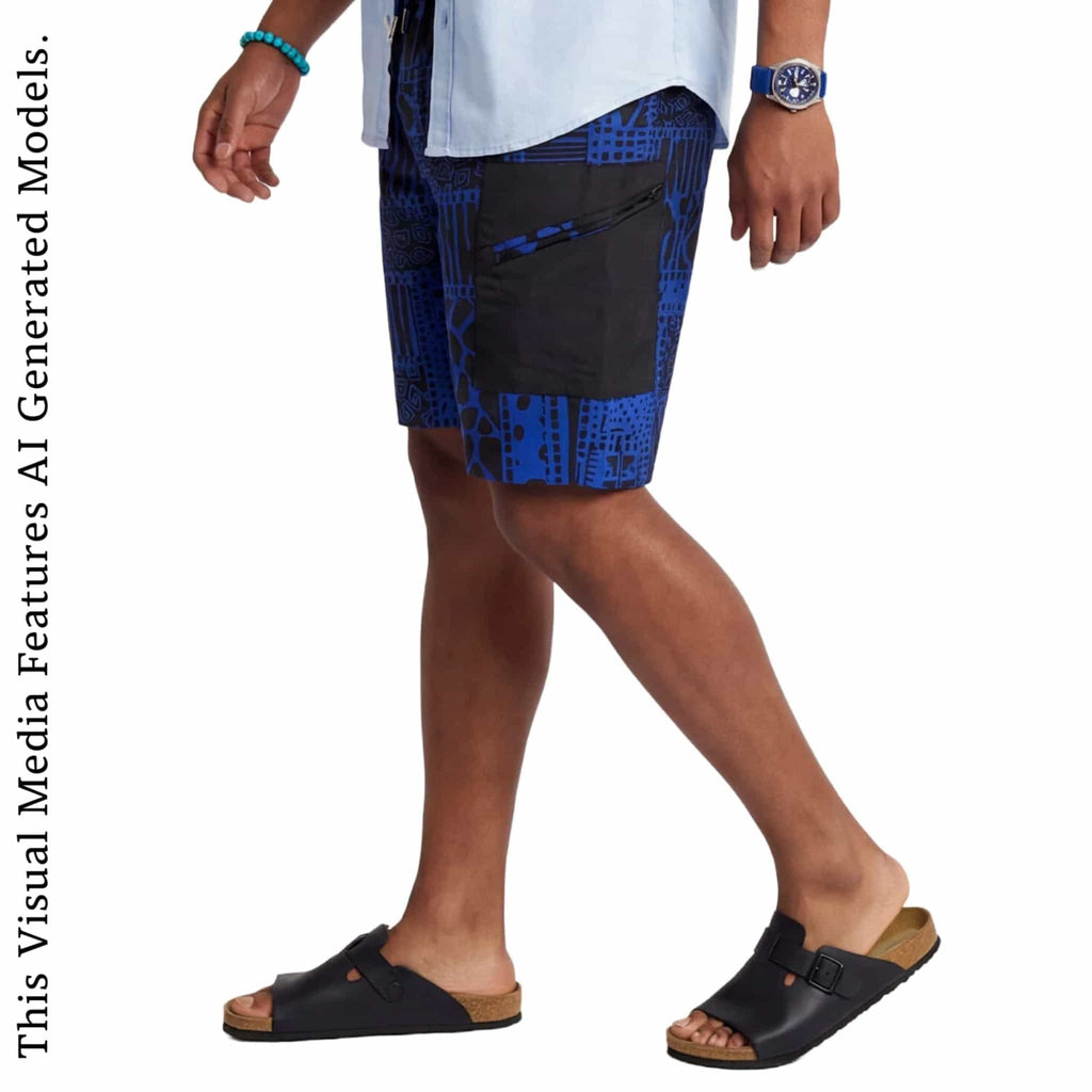 African Ankara Print Men's Shorts NVB: Vibrant Patchwork, Combat Pocket