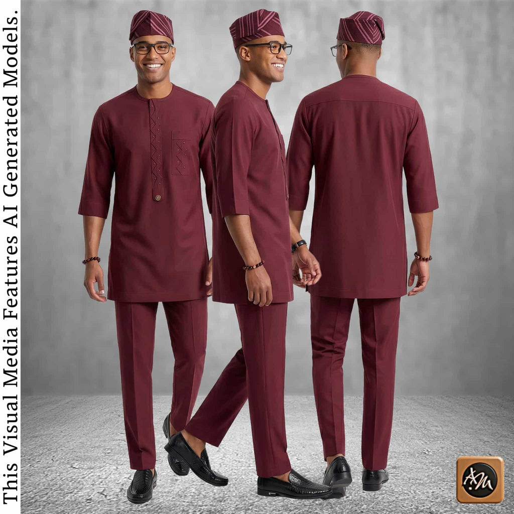 Nigerian Handmade Kaftan Set For Men, Custom Tailored Yoruba Two Piece Outfit