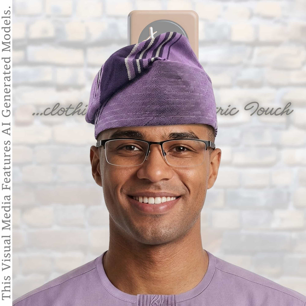 Purple Handwoven Aso Oke Fila Hat, Authentic Yoruba Wedding Headwear
