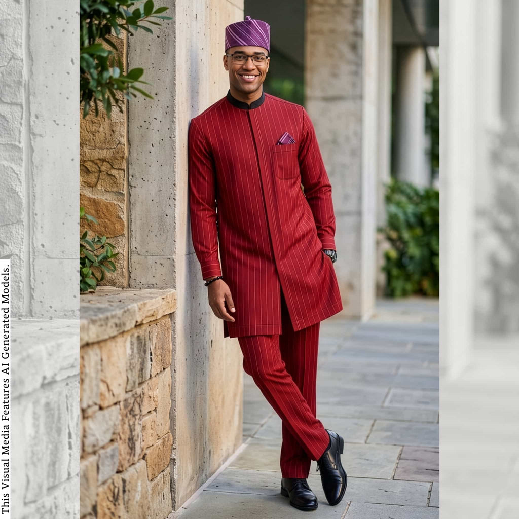 Men's Red Pinstripes Kaftan Set, Nigerian Traditional Wear, VIP Special Occasion Outfit