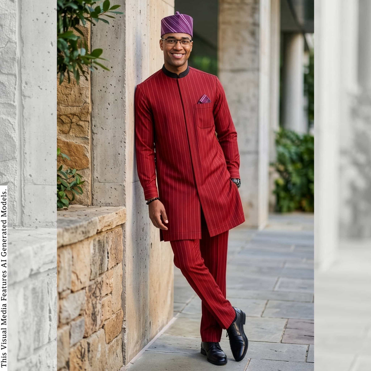 Men's Red Pinstripes Kaftan Set, Nigerian Traditional Wear, VIP Special Occasion Outfit
