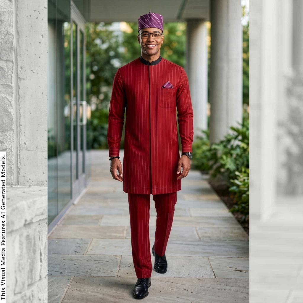 Men's Red Pinstripes Kaftan Set, Nigerian Traditional Wear, VIP Special Occasion Outfit
