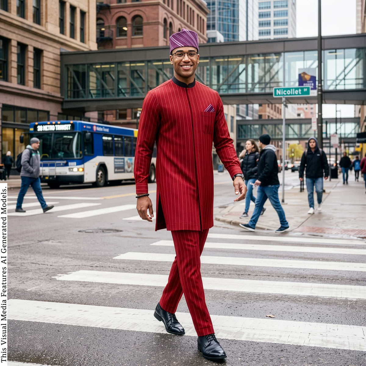 Men's Red Pinstripes Kaftan Set, Nigerian Traditional Wear, VIP Special Occasion Outfit