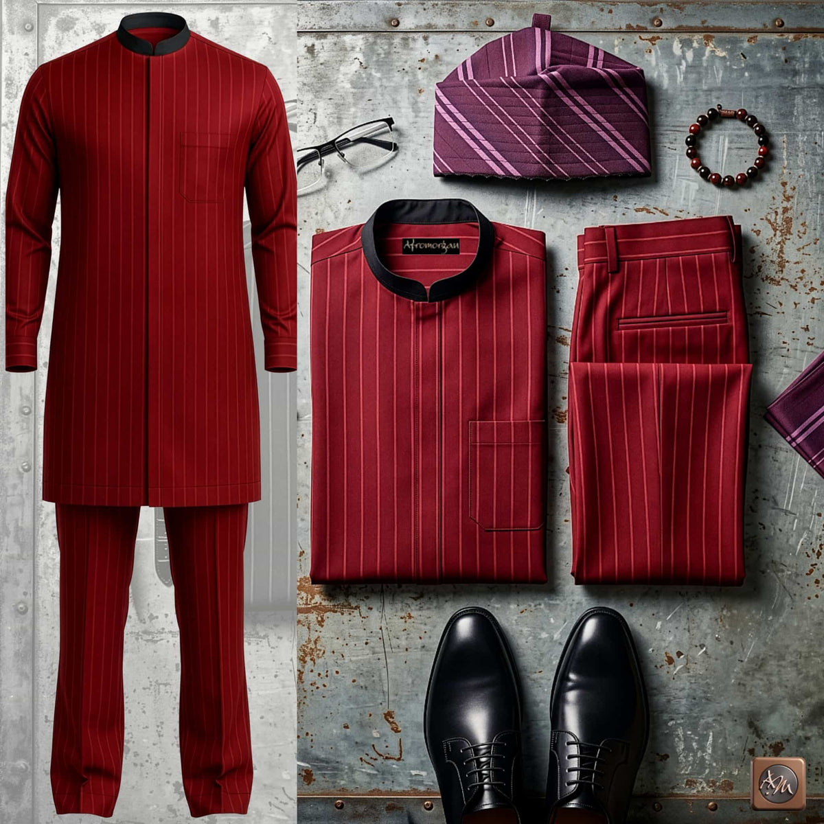 Men's Red Pinstripes Kaftan Set, Nigerian Traditional Wear, VIP Special Occasion Outfit