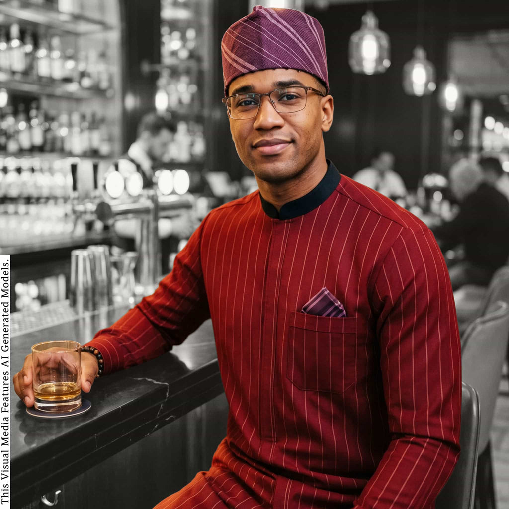 Men's Red Pinstripes Kaftan Set, Nigerian Traditional Wear, VIP Special Occasion Outfit