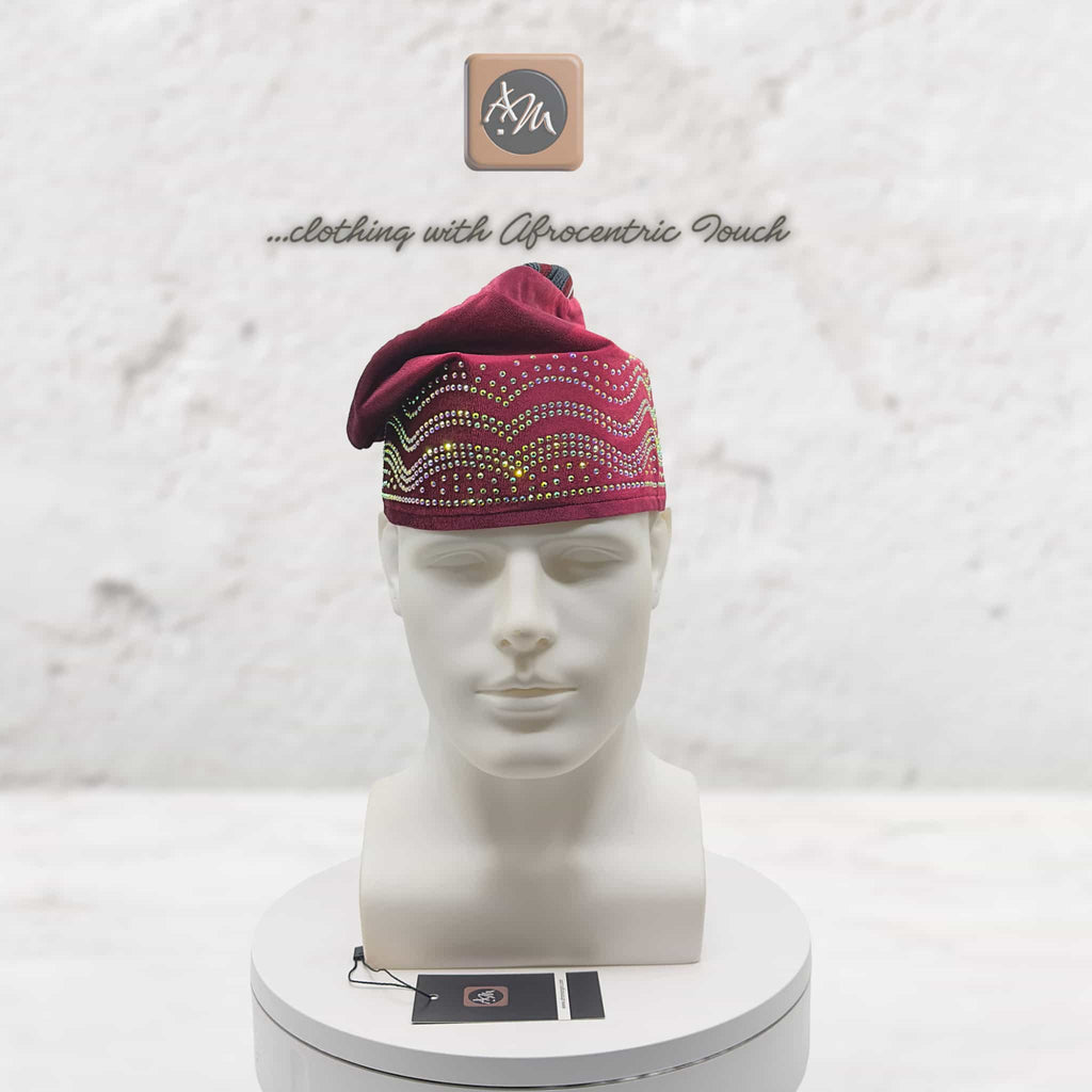Handmade Red Velvet Chief Cap, Embroidered Nigerian Men's Wedding Headwear