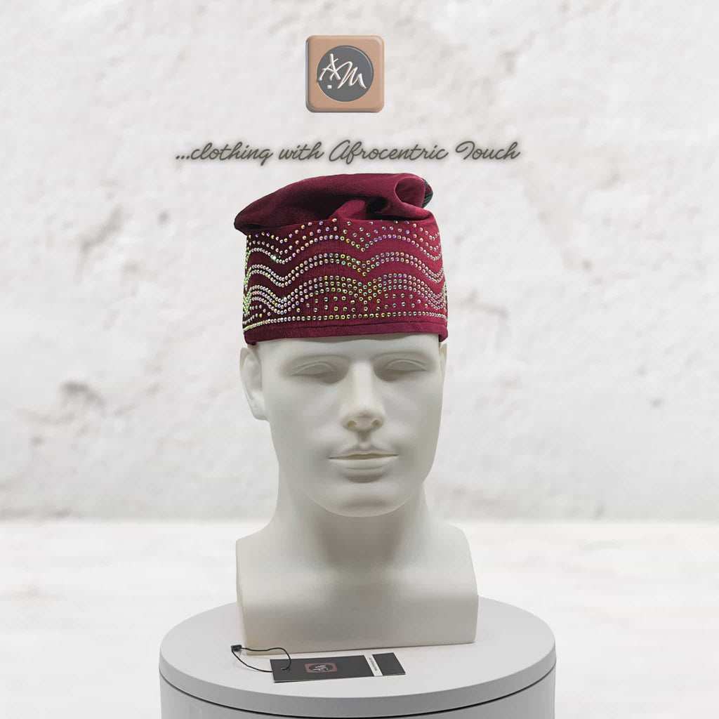 Handmade Red Velvet Chief Cap, Embroidered Nigerian Men's Wedding Headwear