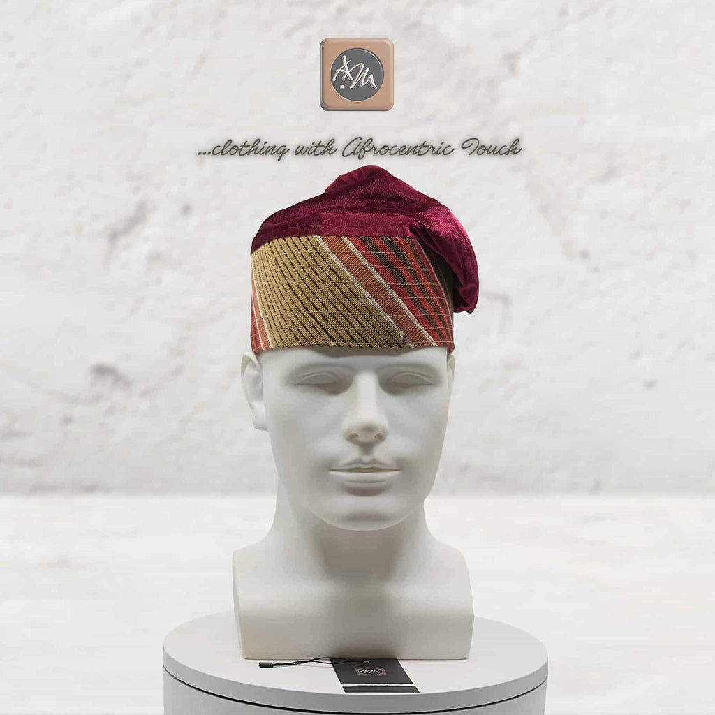 Ruby Red Embroidered Velvet Aso Oke Patched Yoruba Cap