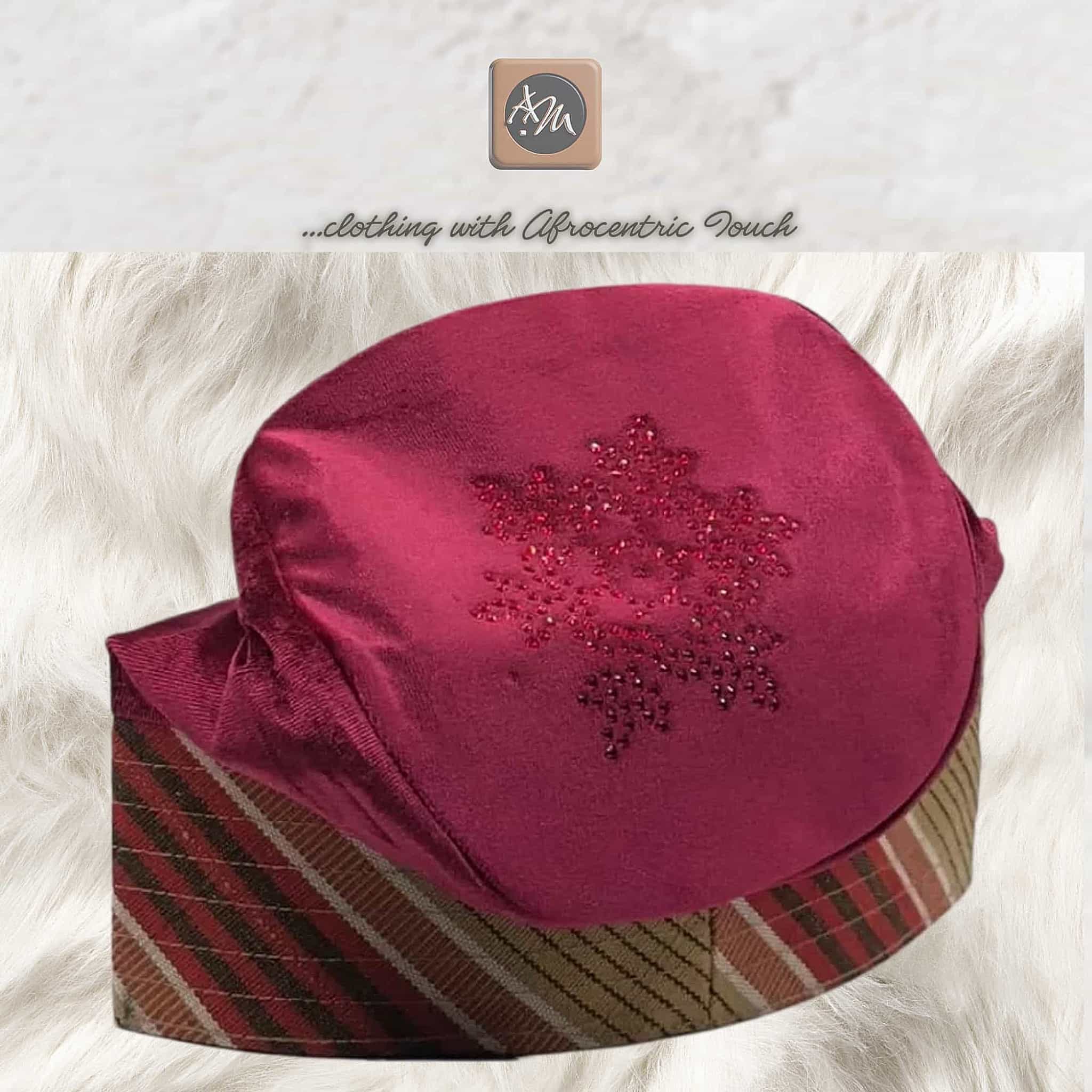 Ruby Red Embroidered Velvet Aso Oke Patched Yoruba Cap
