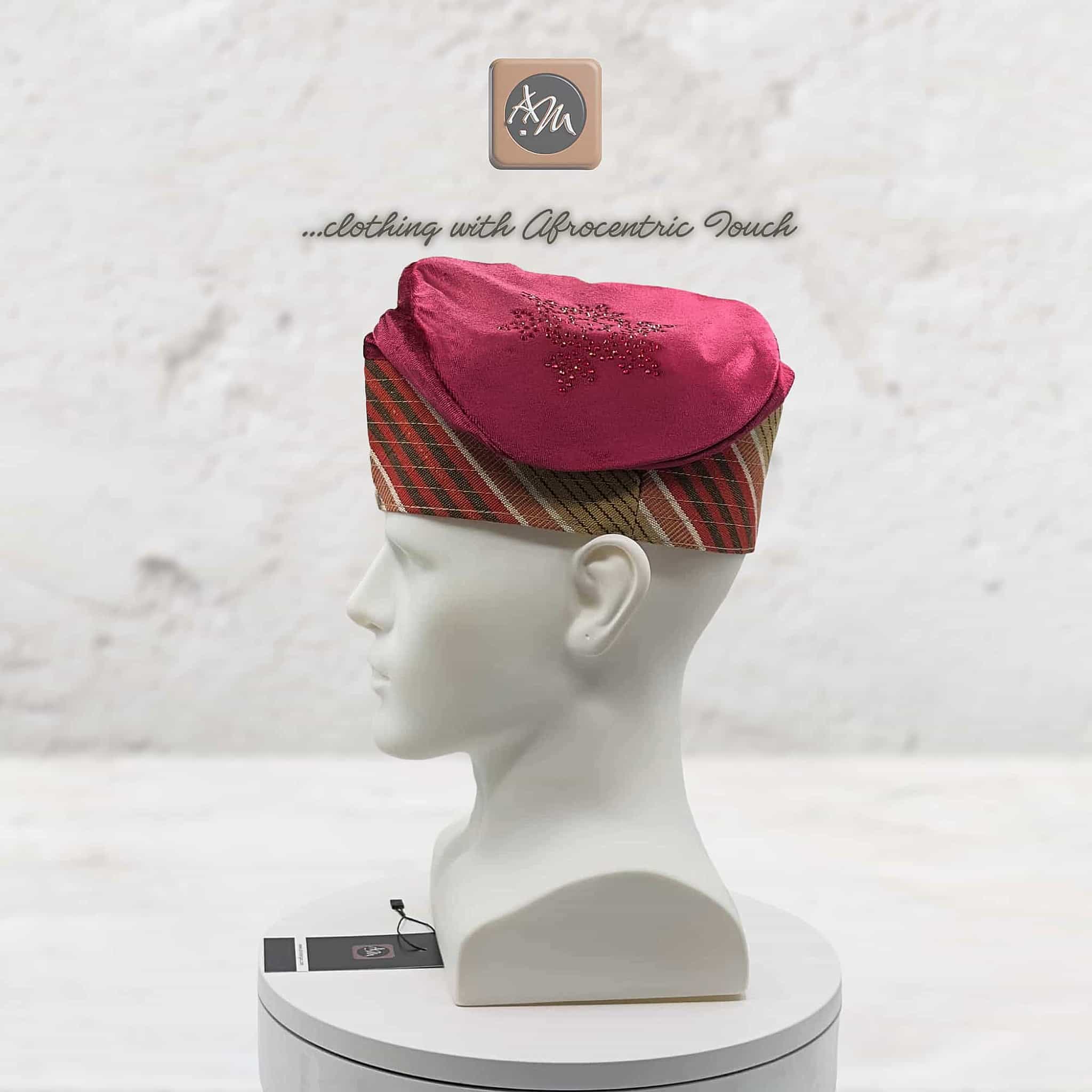 Ruby Red Embroidered Velvet Aso Oke Patched Yoruba Cap