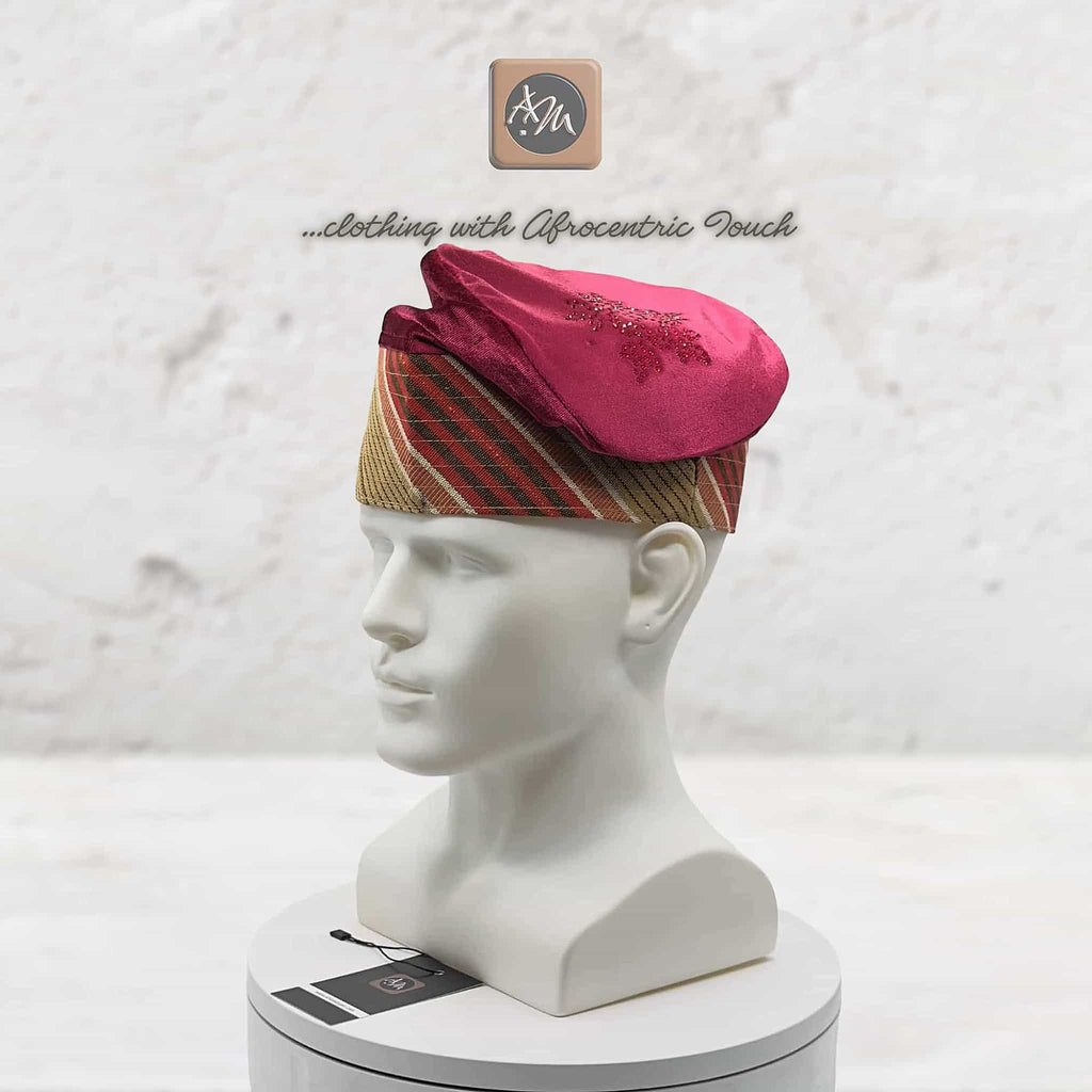 Ruby Red Embroidered Velvet Aso Oke Patched Yoruba Cap