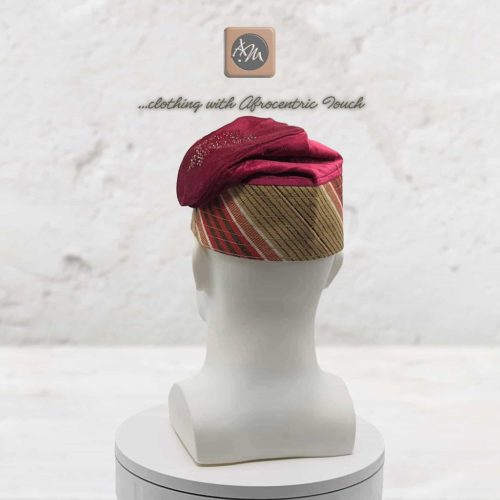Ruby Red Embroidered Velvet Aso Oke Patched Yoruba Cap