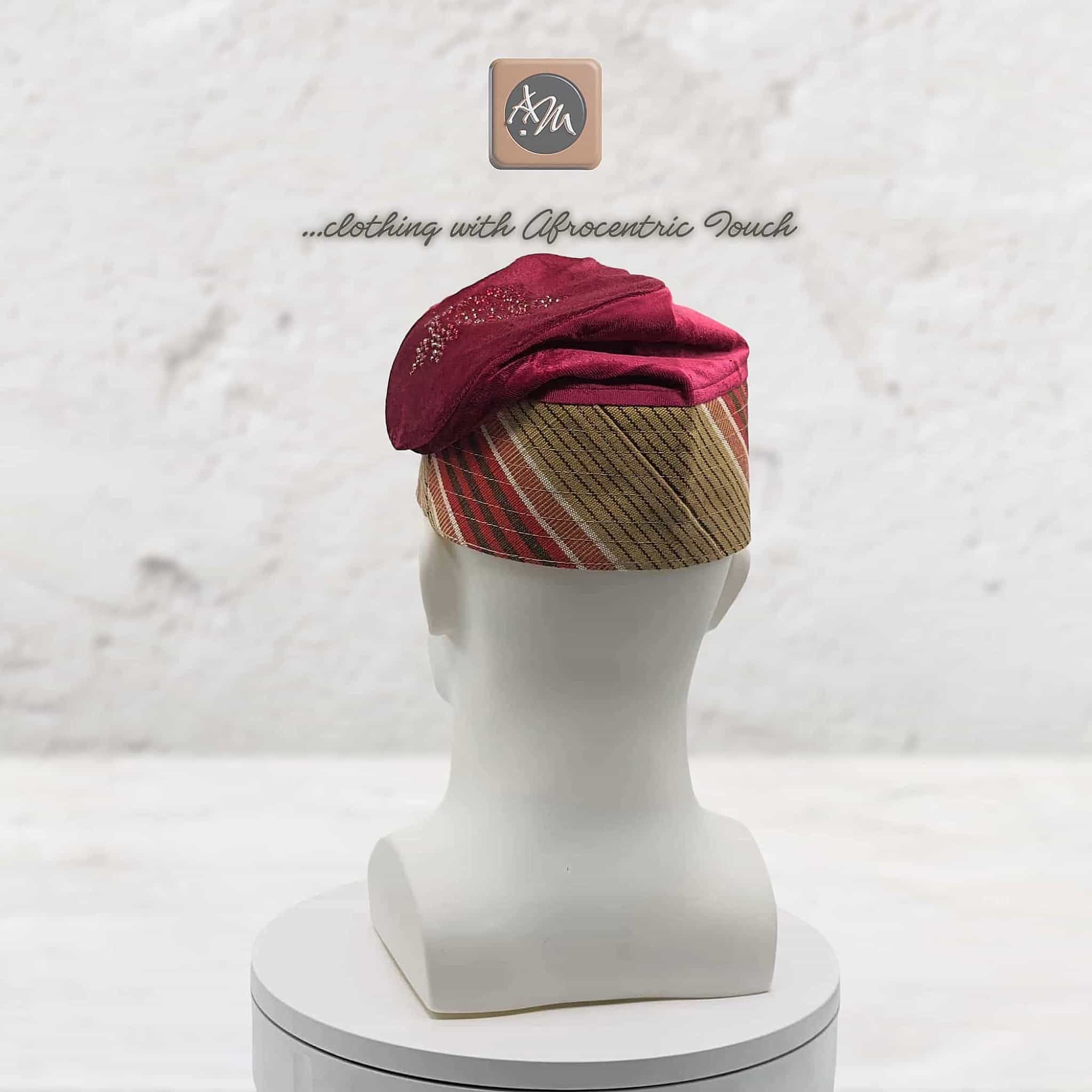 Ruby Red Embroidered Velvet Aso Oke Patched Yoruba Cap