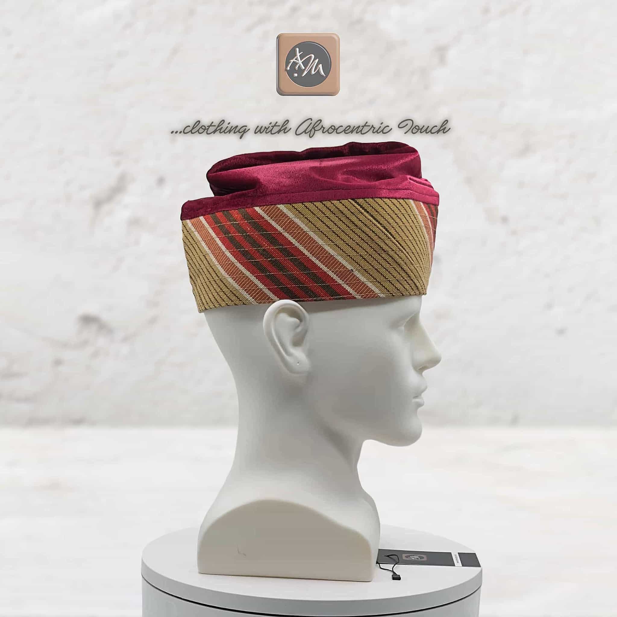 Ruby Red Embroidered Velvet Aso Oke Patched Yoruba Cap