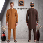 Brown Cashmere Wool Senator Wear with Oman Kufi Hat, Nigerian Kaftan Two Piece Set, African Traditional Wedding Outfit, Groom Attire for Men