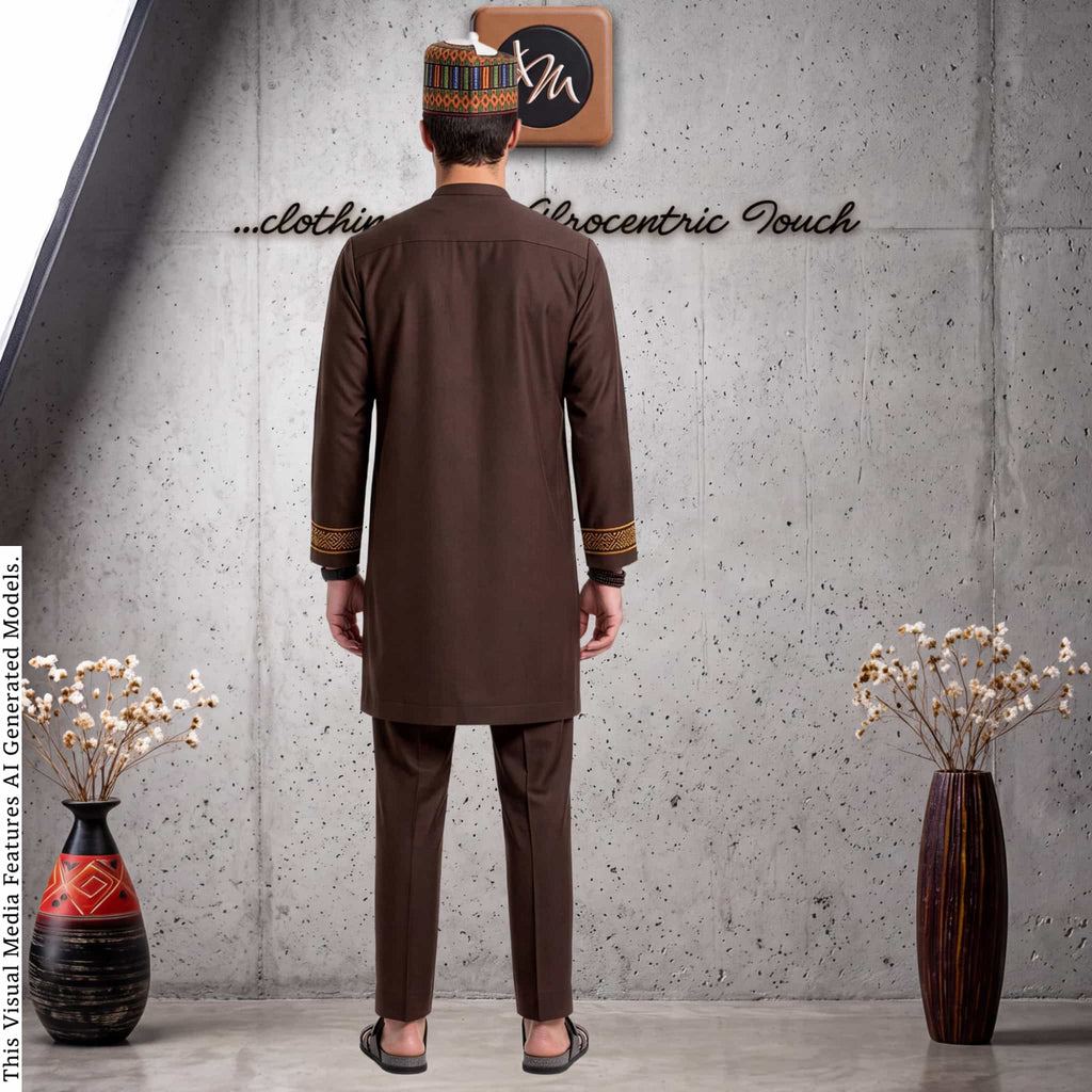 Brown Cashmere Wool Senator Wear with Oman Kufi Hat, Nigerian Kaftan Two Piece Set, African Traditional Wedding Outfit, Groom Attire for Men