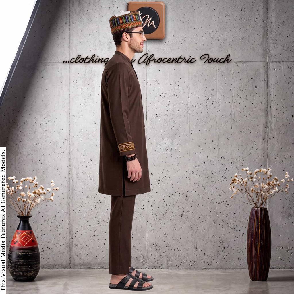 Brown Cashmere Wool Senator Wear with Oman Kufi Hat, Nigerian Kaftan Two Piece Set, African Traditional Wedding Outfit, Groom Attire for Men