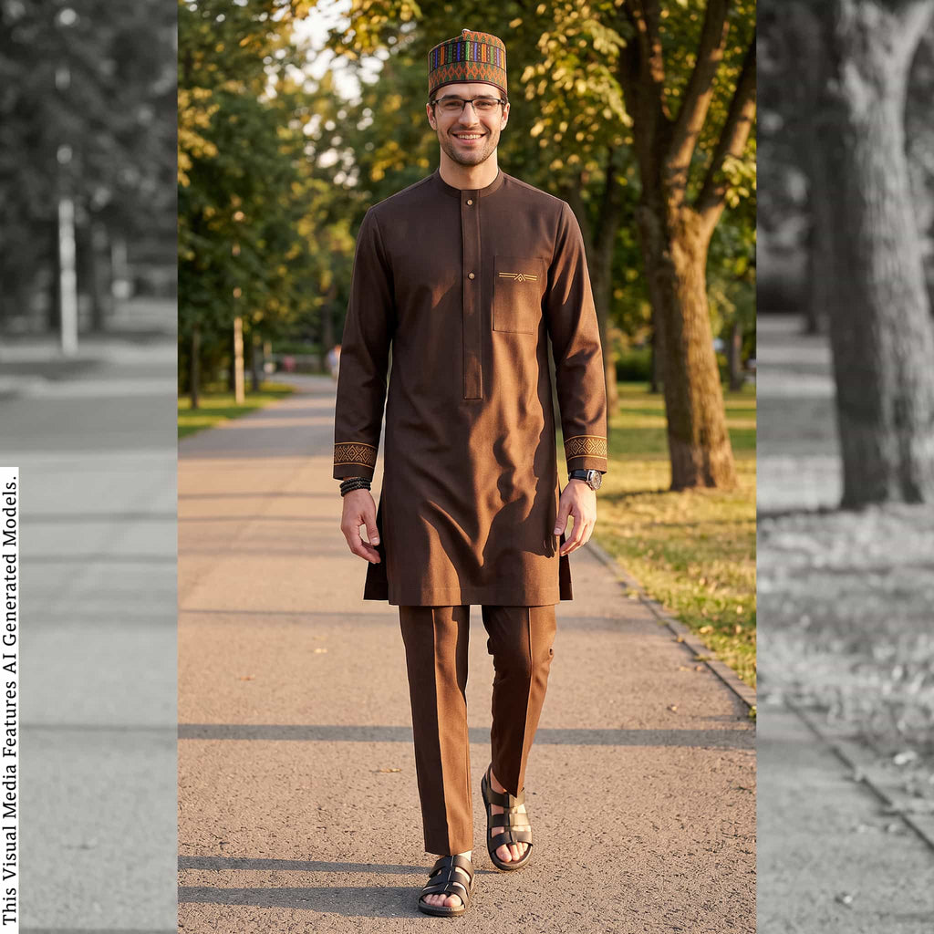 Brown Cashmere Wool Senator Wear with Oman Kufi Hat, Nigerian Kaftan Two Piece Set, African Traditional Wedding Outfit, Groom Attire for Men