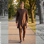 Brown Cashmere Wool Senator Wear with Oman Kufi Hat, Nigerian Kaftan Two Piece Set, African Traditional Wedding Outfit, Groom Attire for Men