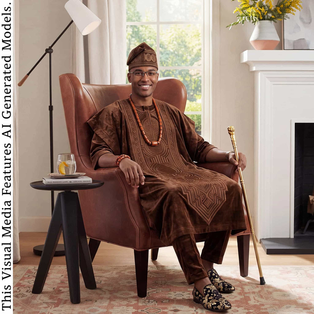 Brown Royal Yoruba Agbada, Beige Groomsmen Kaftan, Nigerian Wedding Menswear