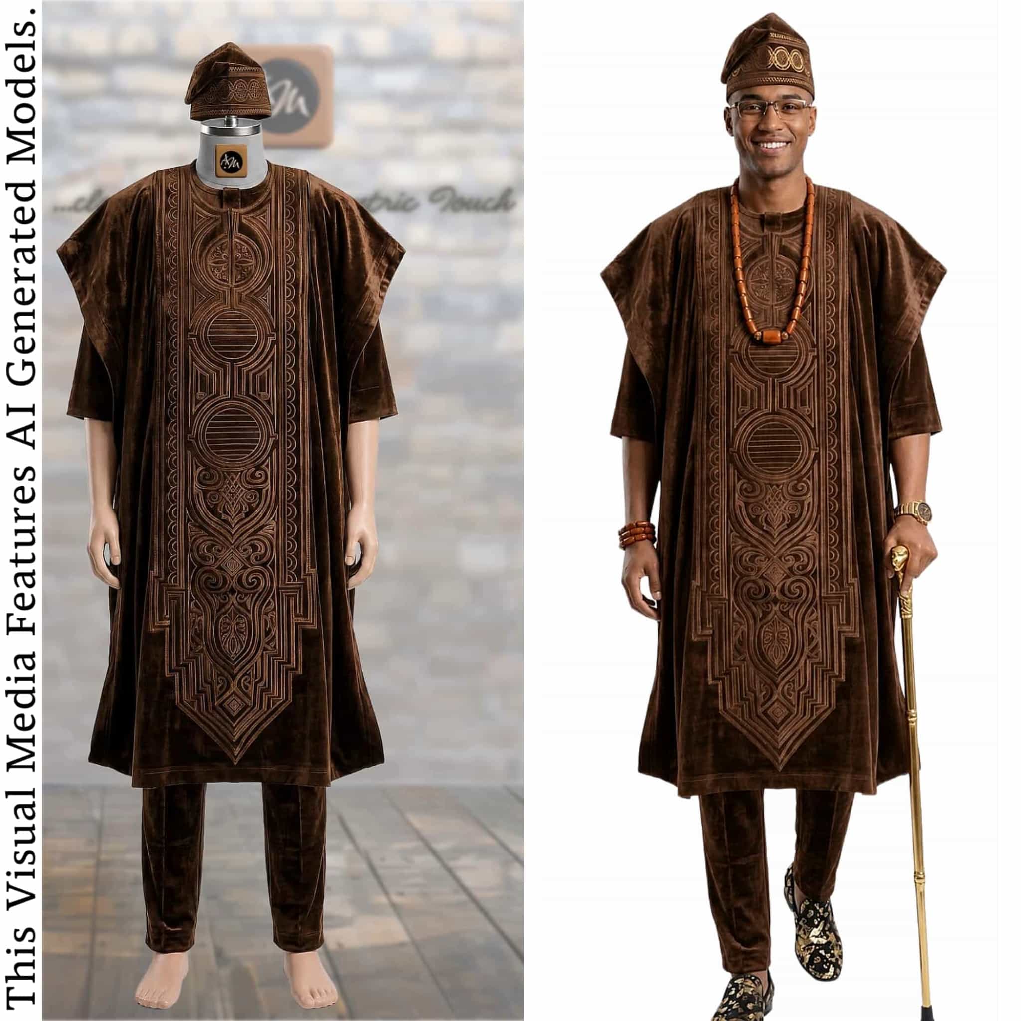 Brown Royal Yoruba Agbada, Beige Groomsmen Kaftan, Nigerian Wedding Menswear