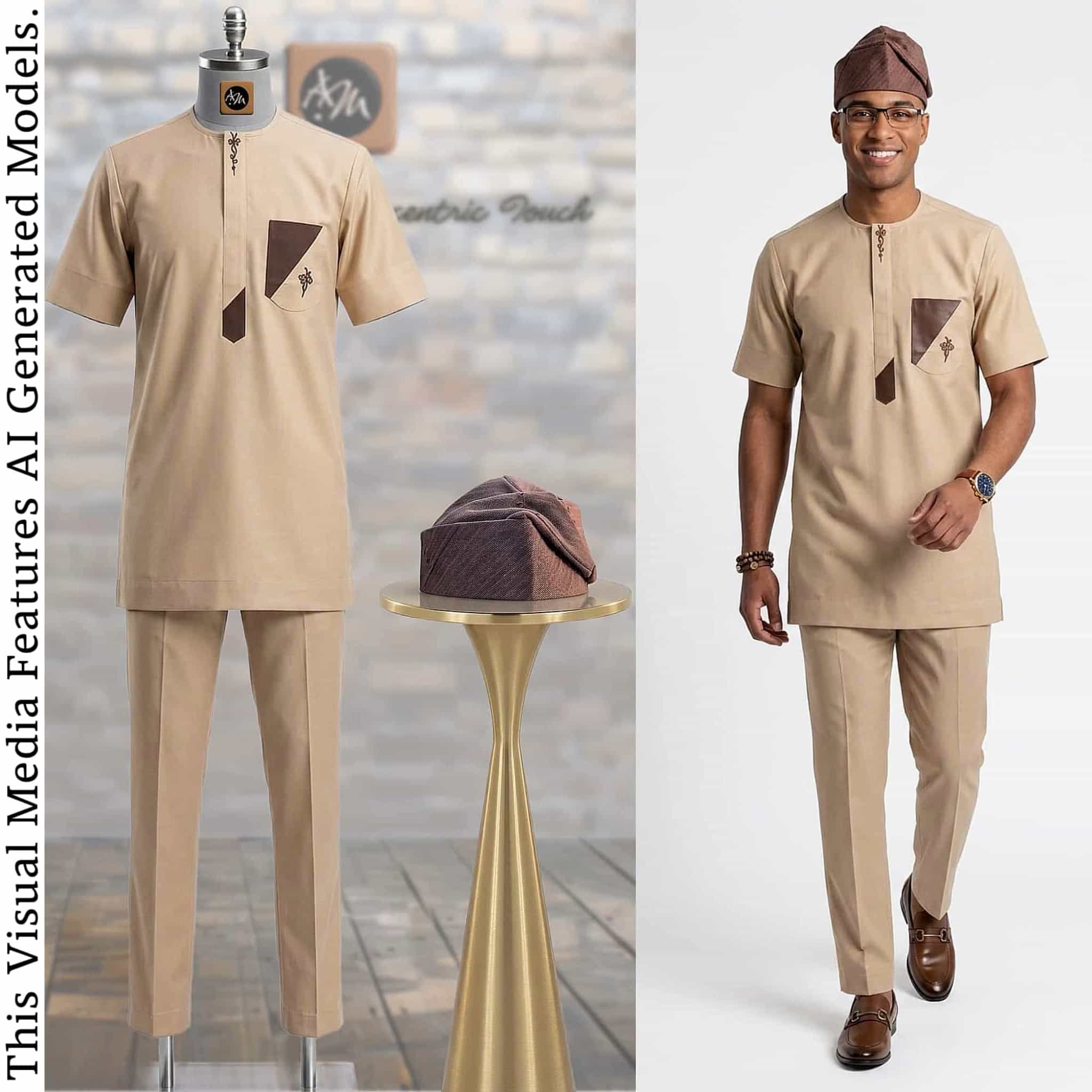 Brown Royal Yoruba Agbada, Beige Groomsmen Kaftan, Nigerian Wedding Menswear