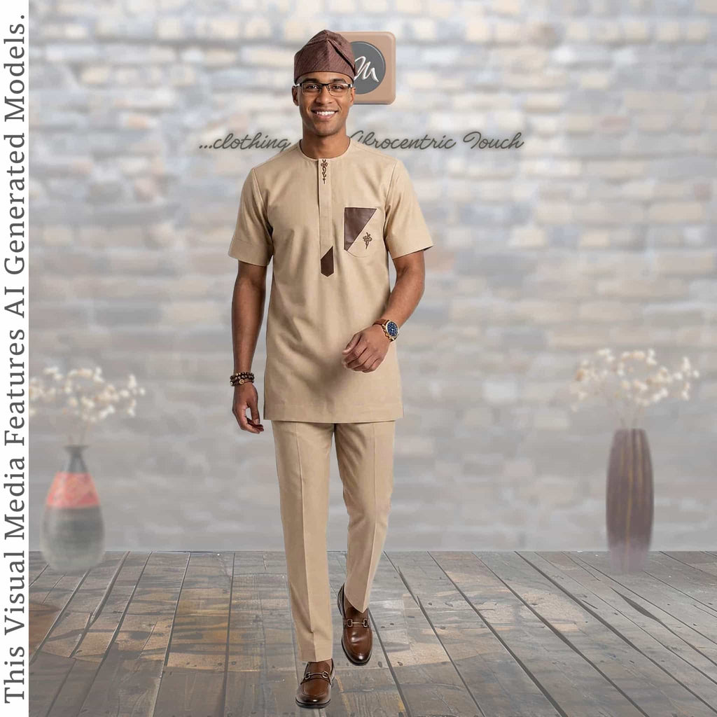 Brown Royal Yoruba Agbada, Beige Groomsmen Kaftan, Nigerian Wedding Menswear