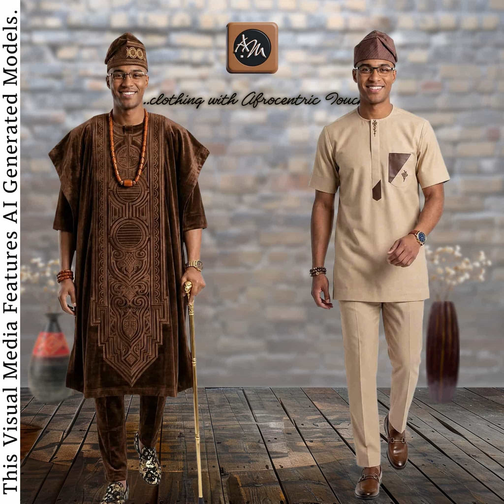 Brown Royal Yoruba Agbada, Beige Groomsmen Kaftan, Nigerian Wedding Menswear