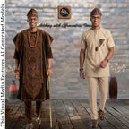 Brown Royal Yoruba Agbada, Beige Groomsmen Kaftan, Nigerian Wedding Menswear