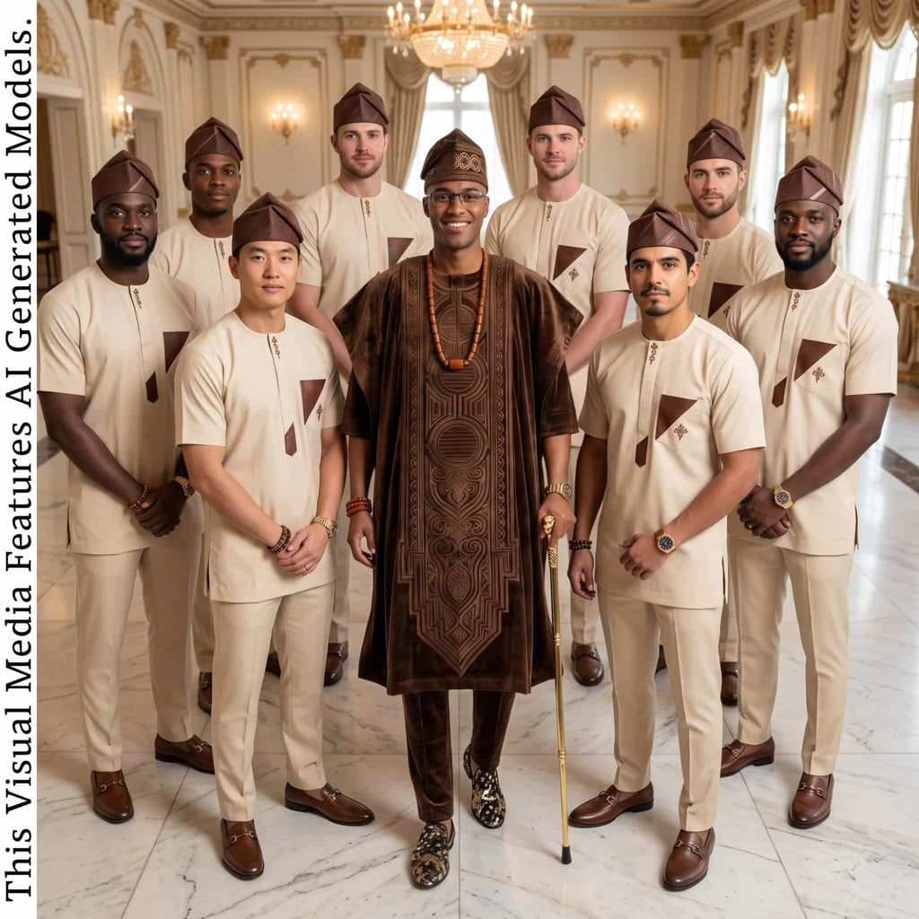 Brown Royal Yoruba Agbada, Beige Groomsmen Kaftan, Nigerian Wedding Menswear