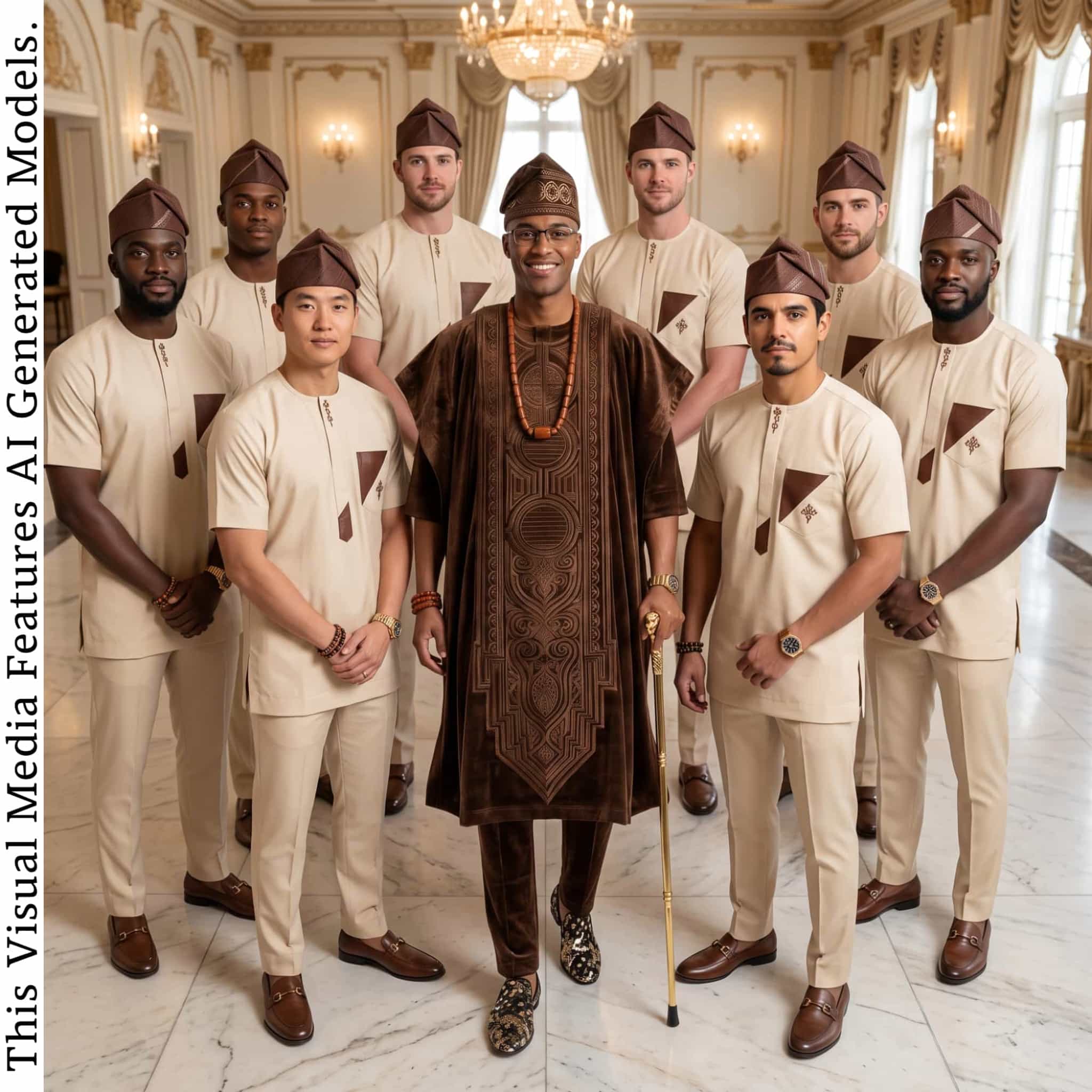 Brown Royal Yoruba Agbada, Beige Groomsmen Kaftan, Nigerian Wedding Menswear