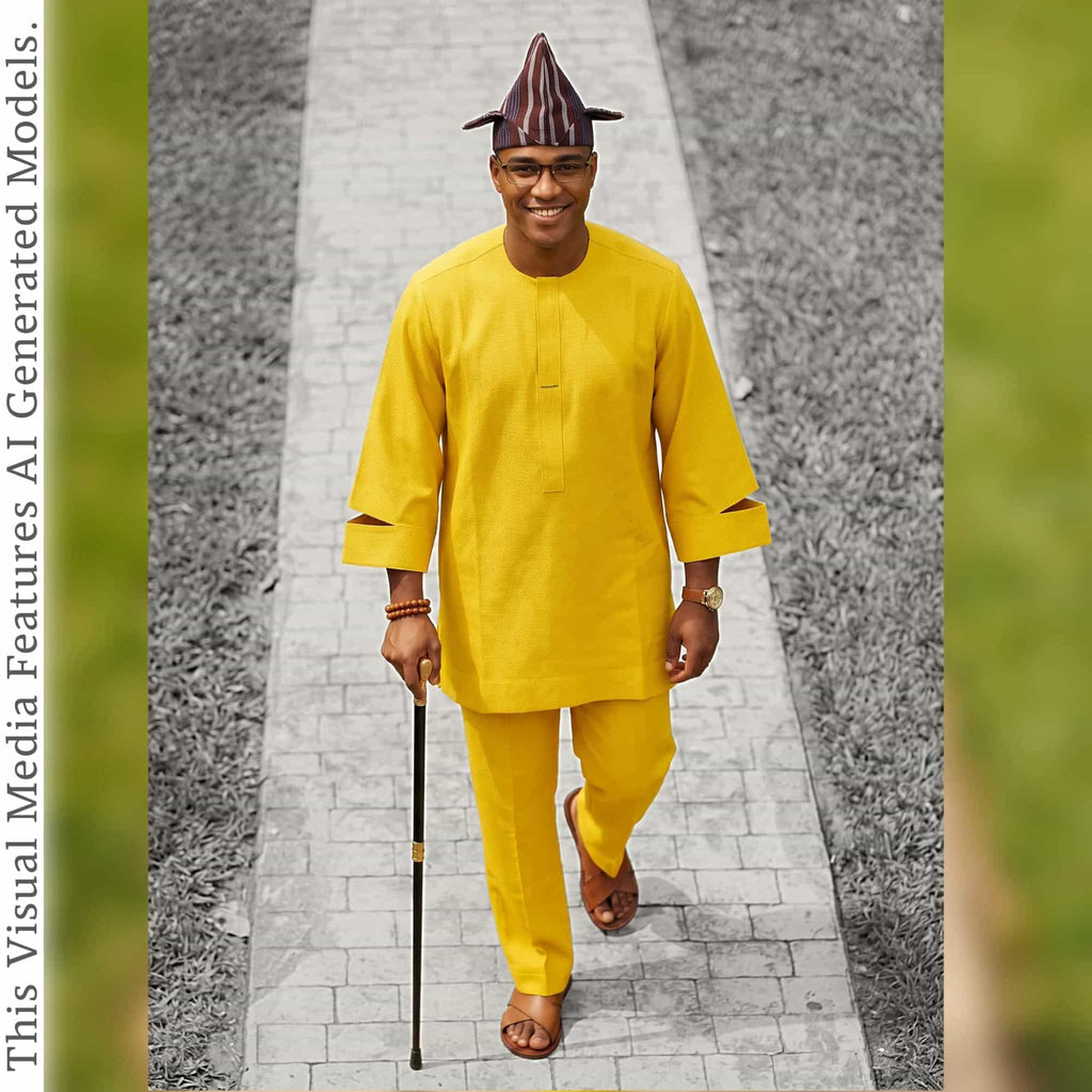 Yellow Senator Wear Two Piece Set, Handmade African Suit, Nigerian Wedding Attire