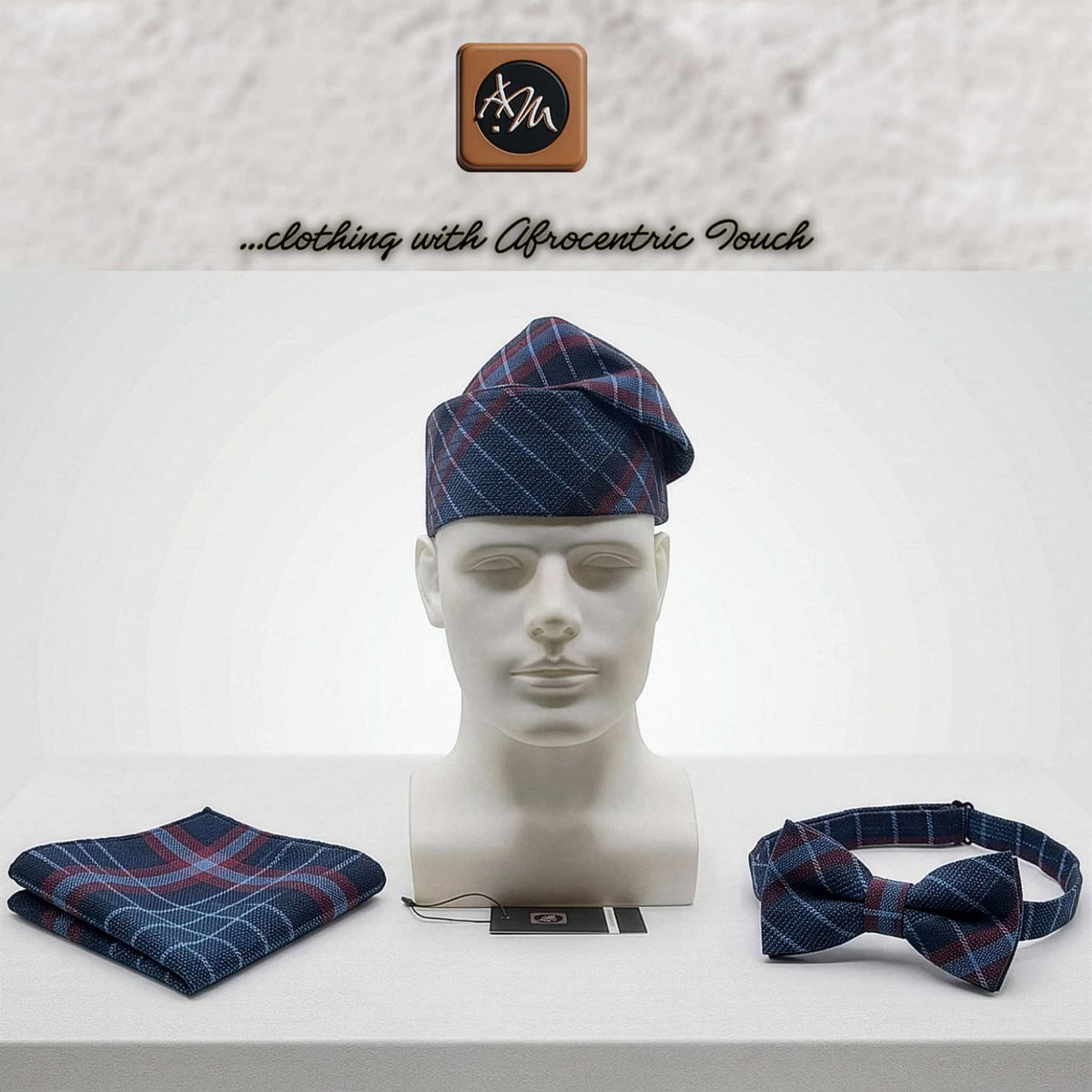 Blue Plaid Aso Oke Mens Set, Bow Tie, Gobi Hat, Pocket Square, Trado-corporate male